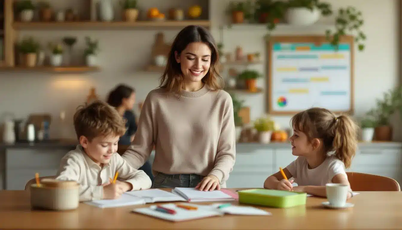 Mutter mit Kindern beim Schulstart-Vorbereitungen