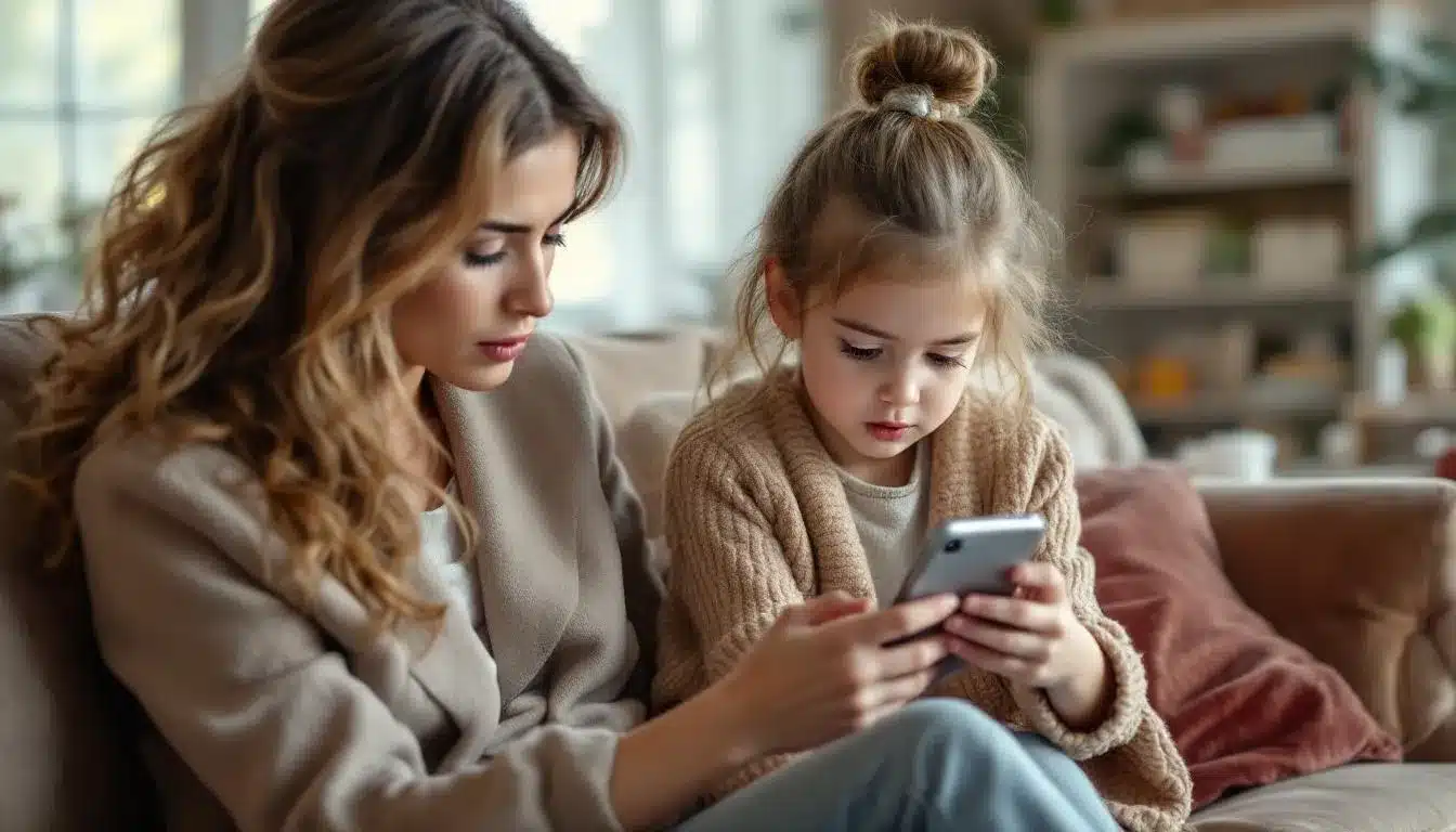 Mutter und Kind schauen gemeinsam auf ein Smartphone